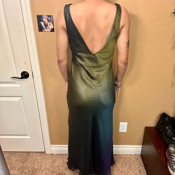 Green Mesh Beaded Cowl Neck Maxi Prom Dress by B’zar!